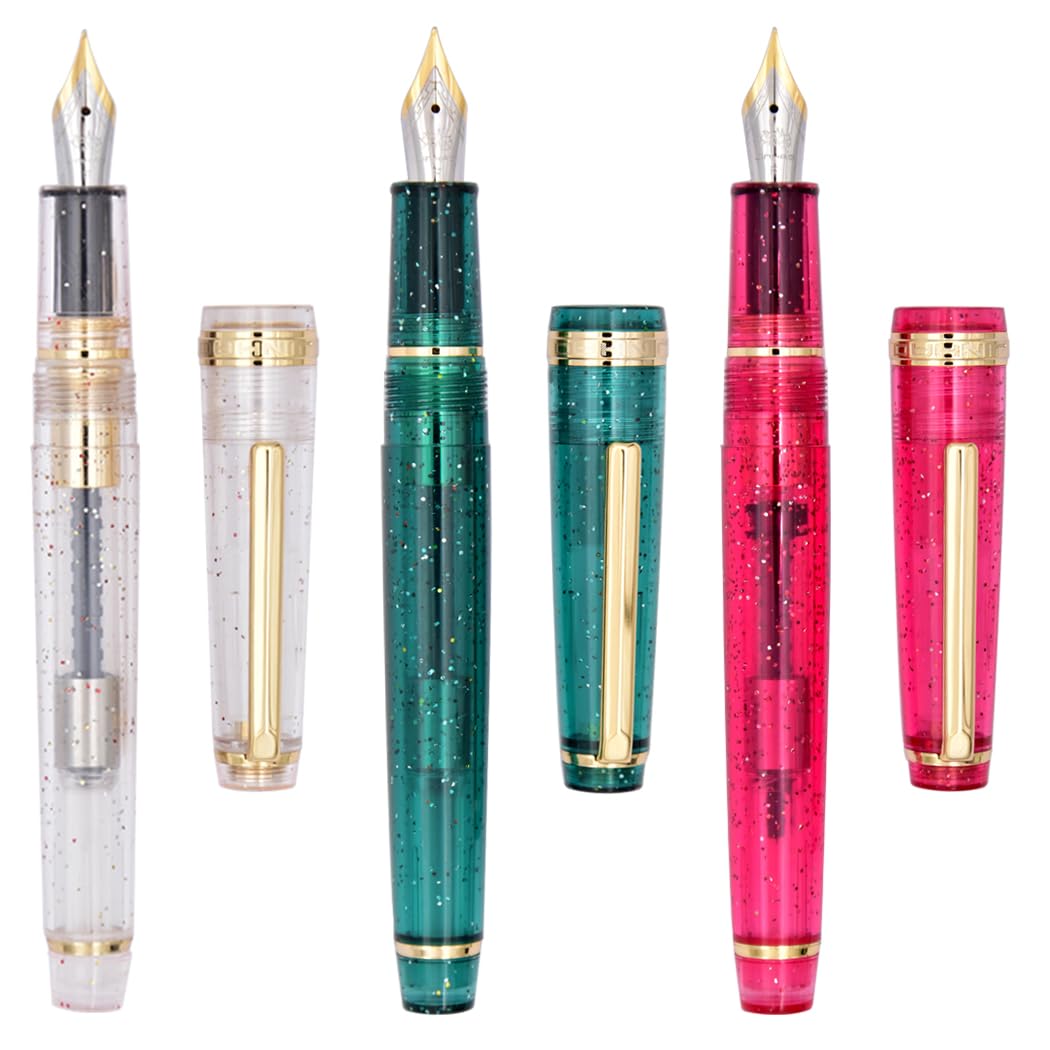 Ranvi 3 PCS Jinhao 82 Fountain Pen Transparent Fluorescent White, Red and Green Acrylic, Iridium Fine Nib Gold Trim with Converter Set