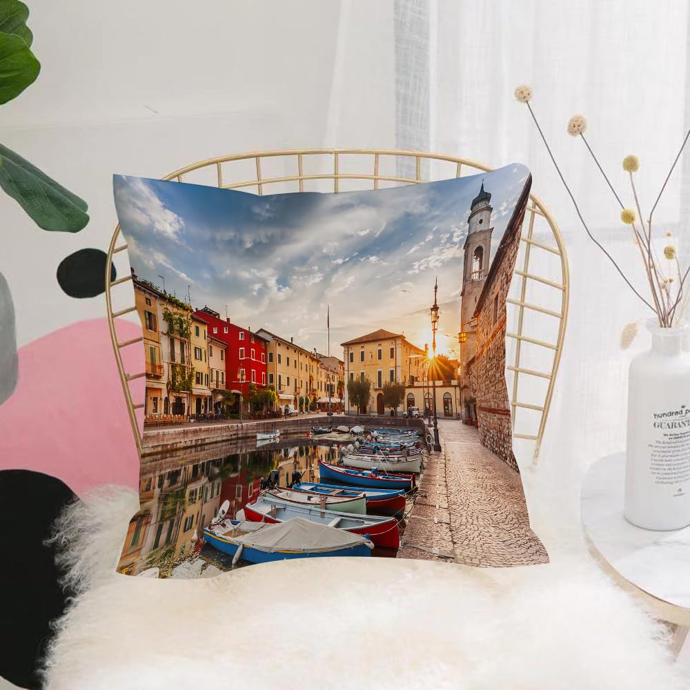 HYOSXW Cushion Cover,Throw Pillow Case Home Decorative for Living Room Bedroom Sofa Chair 16X16 Inch,Harbor on Lake Garda,Pillowcase 40X40cm