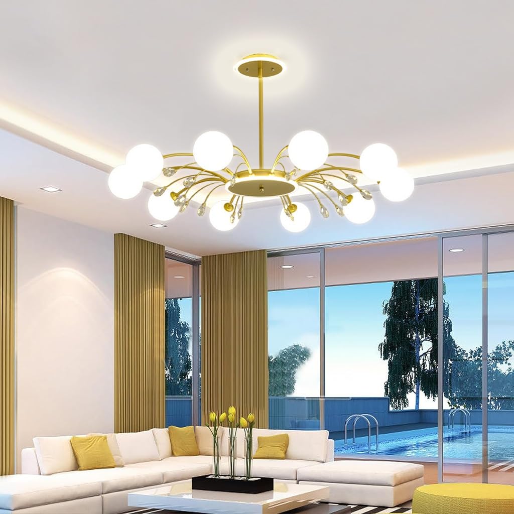 LYSDjia 6-Lights Globe Mid Century Chandelier Modern Sputnik Pendant Light Fixture with G9 Bulb Brushed Metal Finished with White Globe Glass Lampshade Dining Kitchen Island Bedroom Hanging Lighting(G