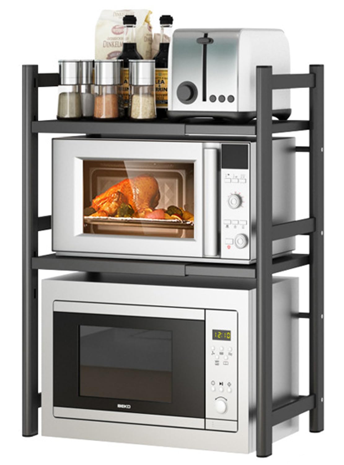 GGEROU Extendable Microwave Oven Rack,Microwave/Toaster Shelf Heavy Duty Stand Kitchen Counter Top Organizer,Adjustable Height & Length,2-Tier with 6 Hooks, 55lbs Weight Capacity (2-Tier)