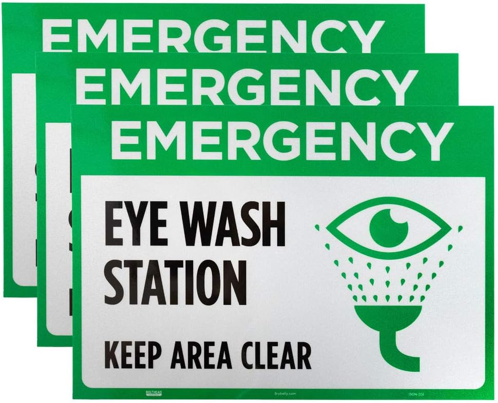 Emergency Eye Wash Station Decal Sign 3-pack - 10" x 7" Stick-on Reflective Sturdy Safety Warning Sign for OSHA Compliance in STEM Science Classroom Area and Chemical Hazard Research Laboratories