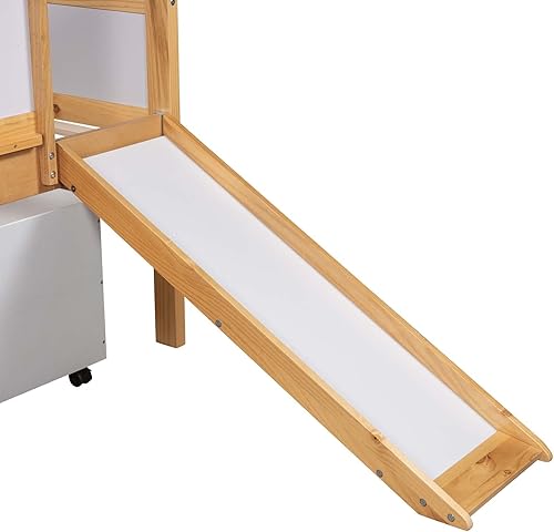 Miniatura 8 de TMEOSK Cama alta individual baja con 2 cajas de almacenamiento y tobogán cama loft de madera multifuncional con pizarra y escalera de escalada para