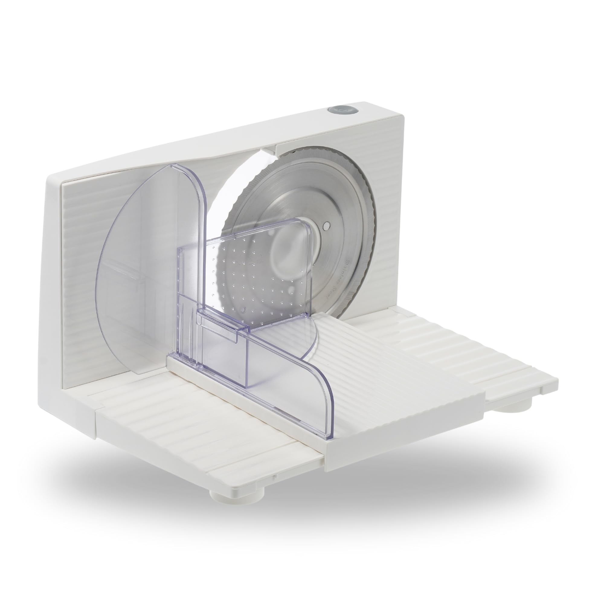 Sommertal Affettatrice universale AS170 150 W in acciaio inox con lama seghettata, pieghevole e salvaspazio, affettatrice elettrica, affettatrice professionale, bianca, 0-15 mm