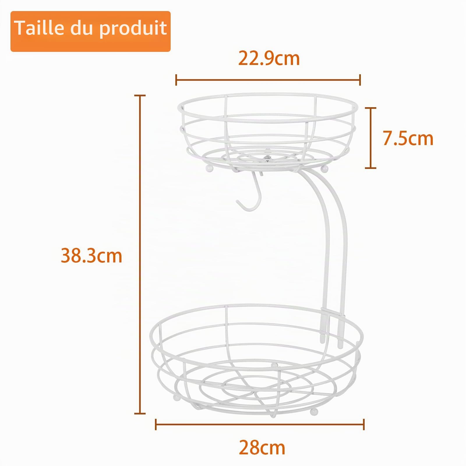 Étagère à fruits panier à fruits à 2 niveaux avec crochet pour banane comptoir de cuisine bol à fruits bols en métal parfait pour contenir des fruits des légumes des collations des cupcakes (blanc)