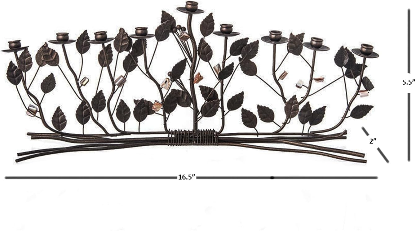 Metal Bronze Brambles Hanukkah Menorah with Flowers and Leaves - Beautiful Wire Menorah for Chanukah, Jewish Gift for Bar Mitzvah, Bat Mitzvah, or Jewish Wedding - 16.5" x 5.5" x 2"