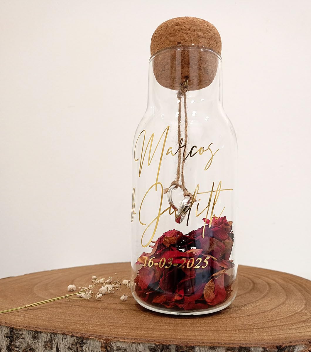 Pot pour alliances personnalisé, porte-alliances, avec pétales de rose séchés naturels et corde pour accrocher les alliances de mariage
