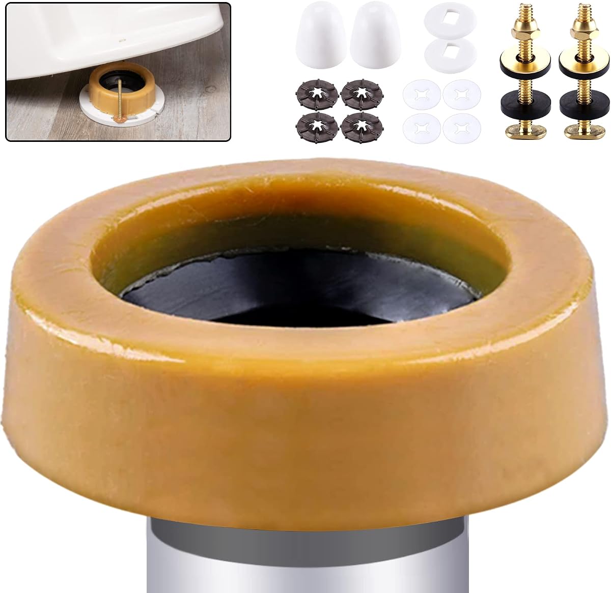 Kit de reemplazo de anillo de cera para inodoro extra grueso con pernos y tapas, 1,6 pulgadas de grosor | para bridas profundas, se adapta a líneas de 3'' o 4'', sella la taza del inodoro a la brida, sella olores y fugas, para aficionados al bricolaje y profesionales