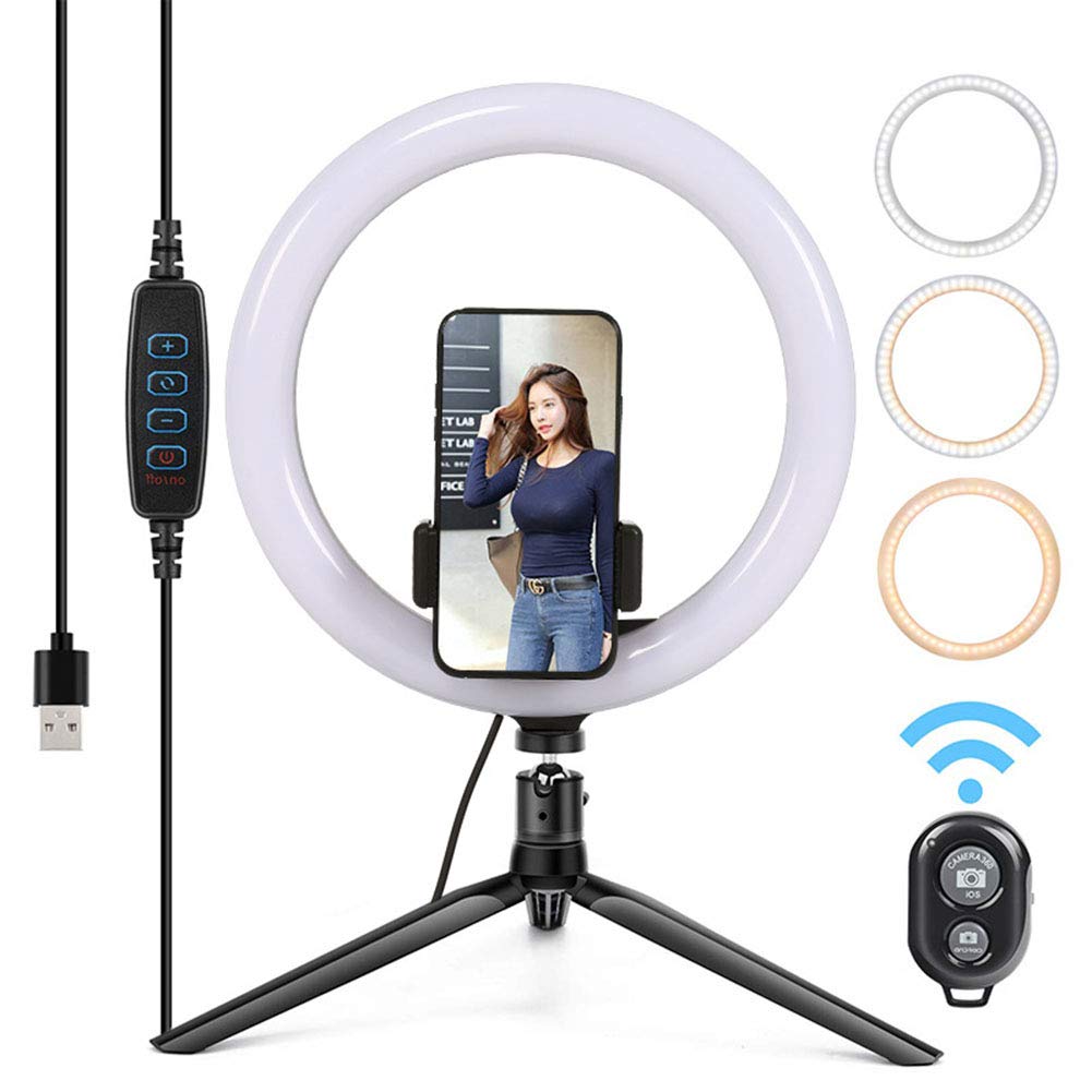 Anello Luminoso A LED da 10 "con Supporto per Treppiede E Supporto per Telefono, Kit Luce Anulare Dimmerabile da Tavolo con 3 Colori E 10 Luminosità per Trucco, Selfie, Fotografia