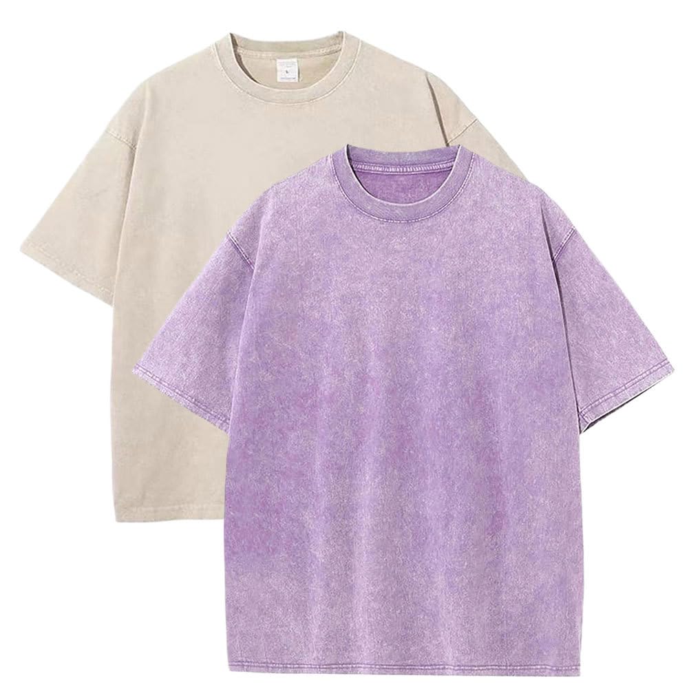 Botong Men's Apricot+Purple Oversized Workout Shirts For Wo Vintage Heavyweight T Shirts For Casual Loose Pump Covers Gym 5XL