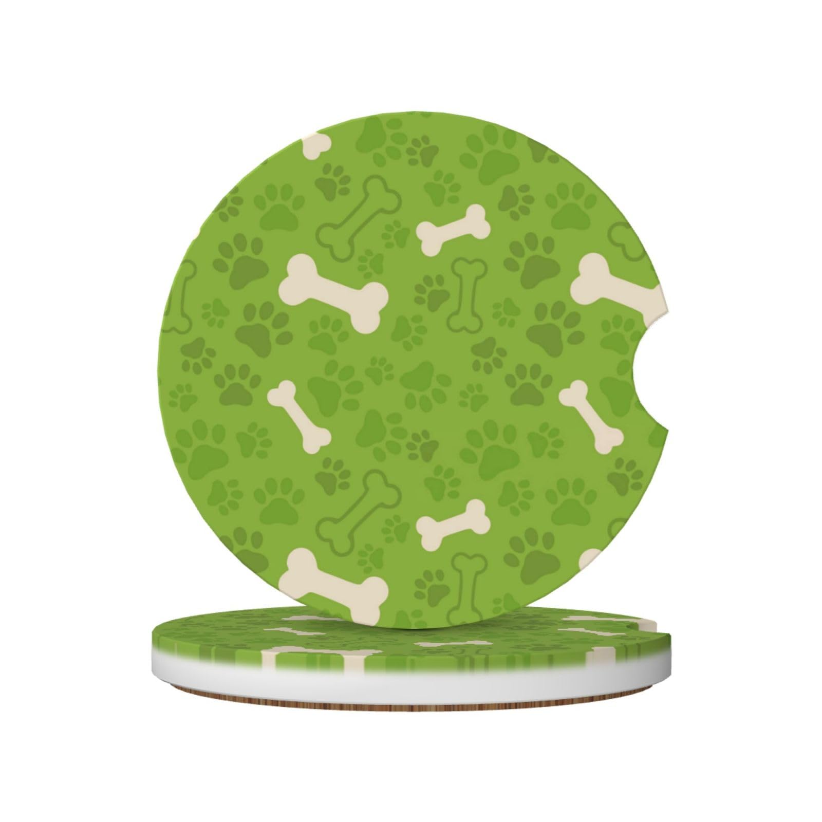 Green Dog Paw Bones, Car Cup Holder Coasters 2 Pack, Absorbent Ceramic Car Coasters with Non Slip Cork Base