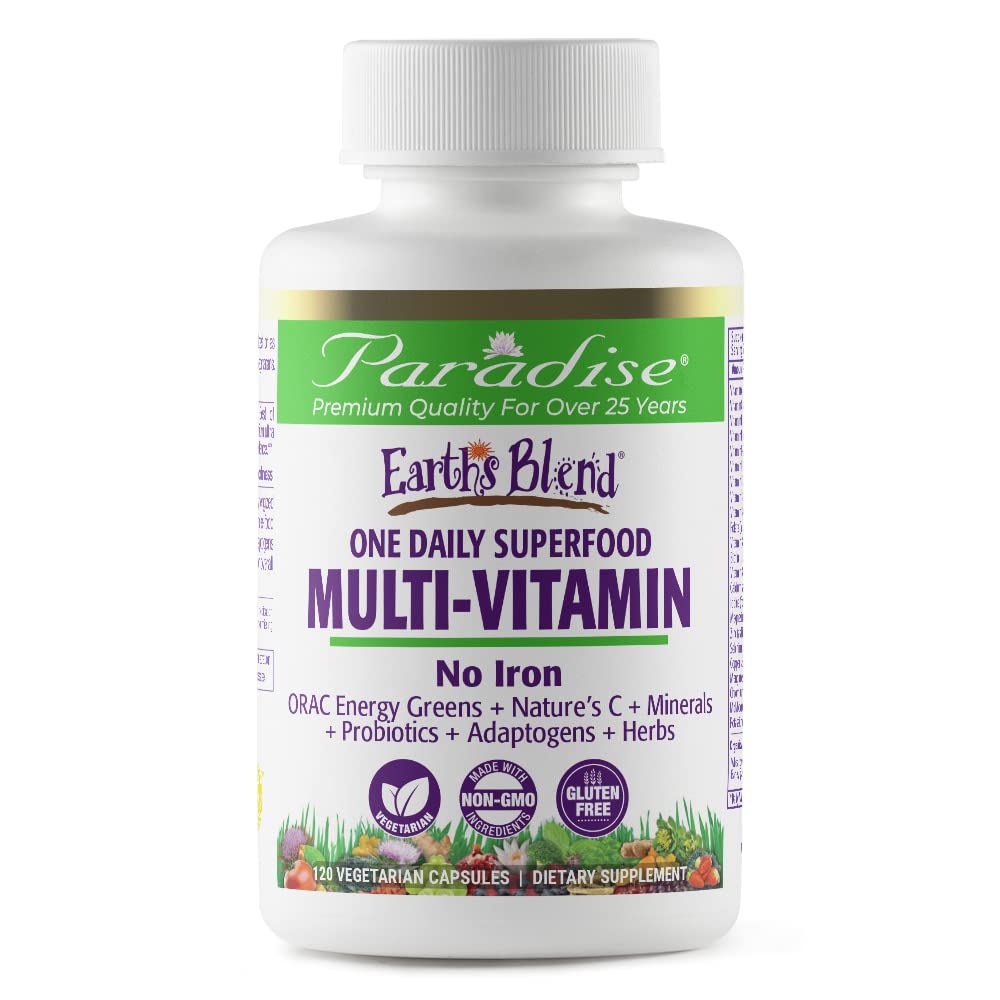 Paradise Herbs Earth's Blend Once Daily Multivitamin for Men, No Iron, 48 Organic Superfoods, Probiotics, Antioxidants, Vitamins A, B12, C, D, K2,120 Count