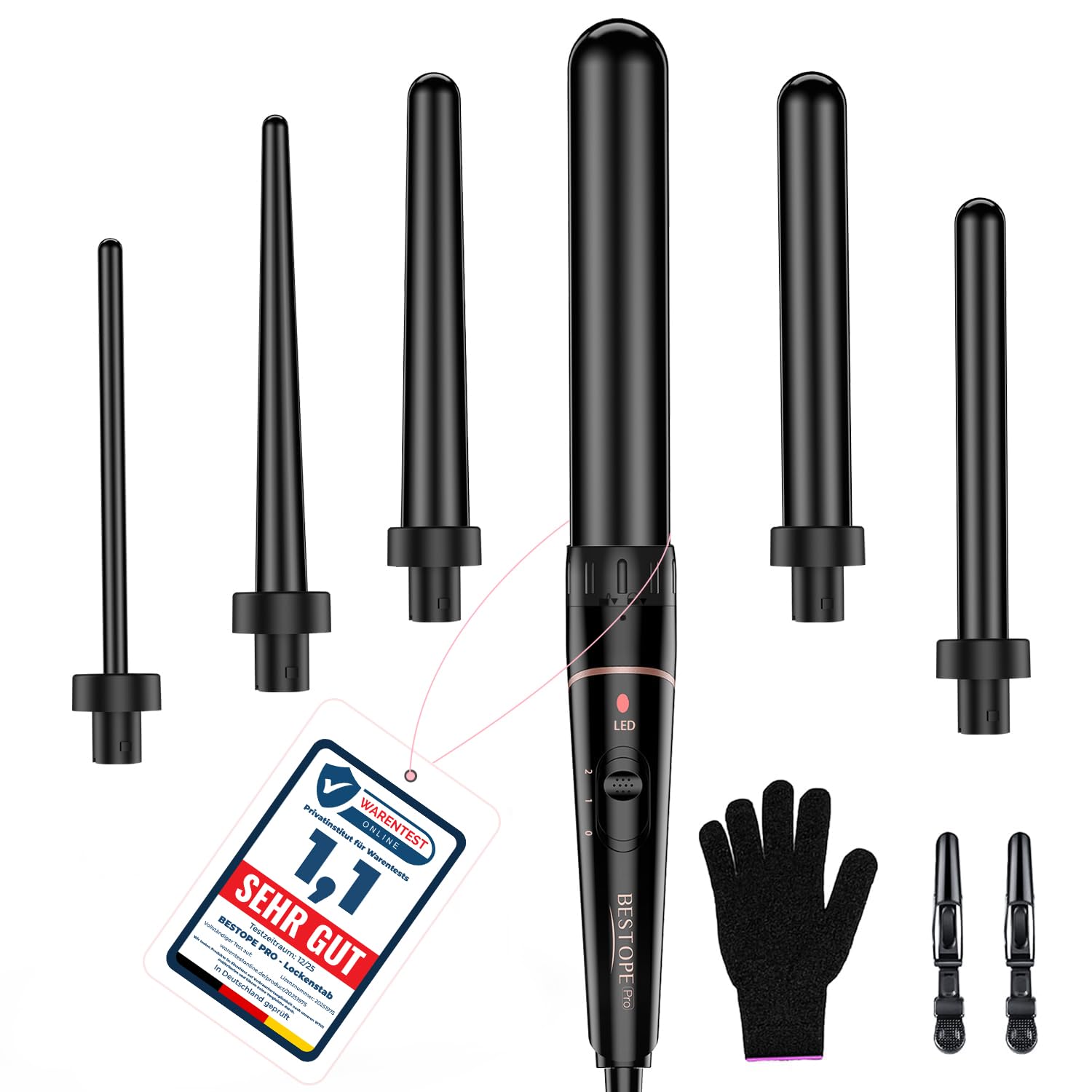 Lockenstab Große und Kleine Locken Set - 6 in 1 Mit Verschiedenen Aufsätzen Antistatische Keramik Turmalin Beschichtung Welleneisen für Beach Waves