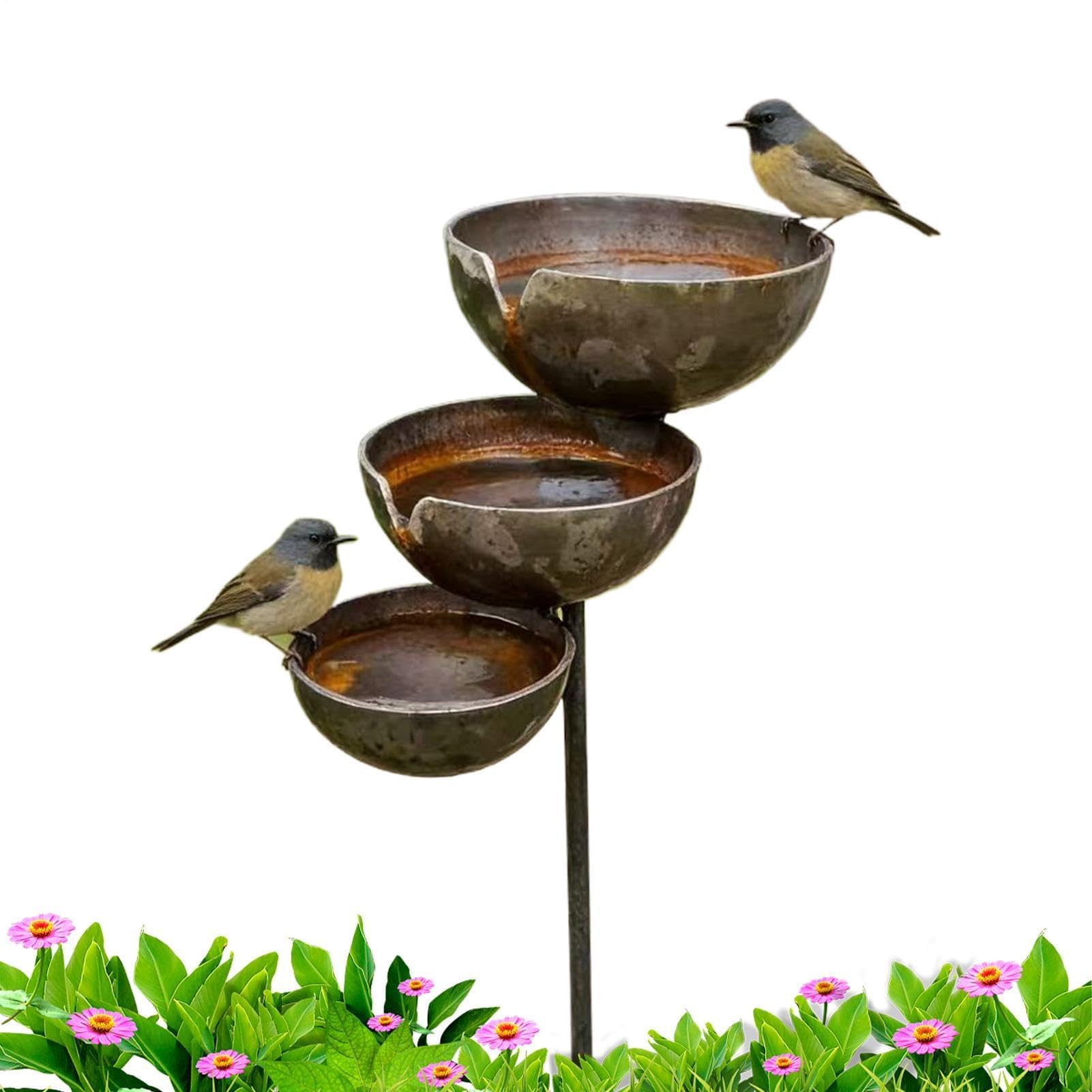 Bronze Rain Catcher Garden Stake，68x12x5cm 3-Tier Cascading Bird Bath & Bee Watering Station， Rust Metal Rain Catcher Garden Stake With Water Bowl， For Bird Attraction & Climbing Plant Support