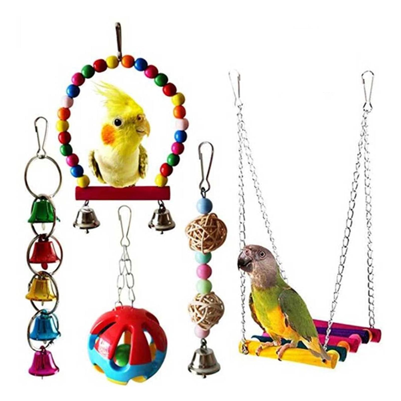 Vogelspielzeug Papagei Vogel Hängen Kauspielzeug Sets Rattan Ball Biss Swiss Glocke Hölzerne Hängematte für Sittiche Finches Lovebirds Pet Zubehör (Color : C(5PCs))
