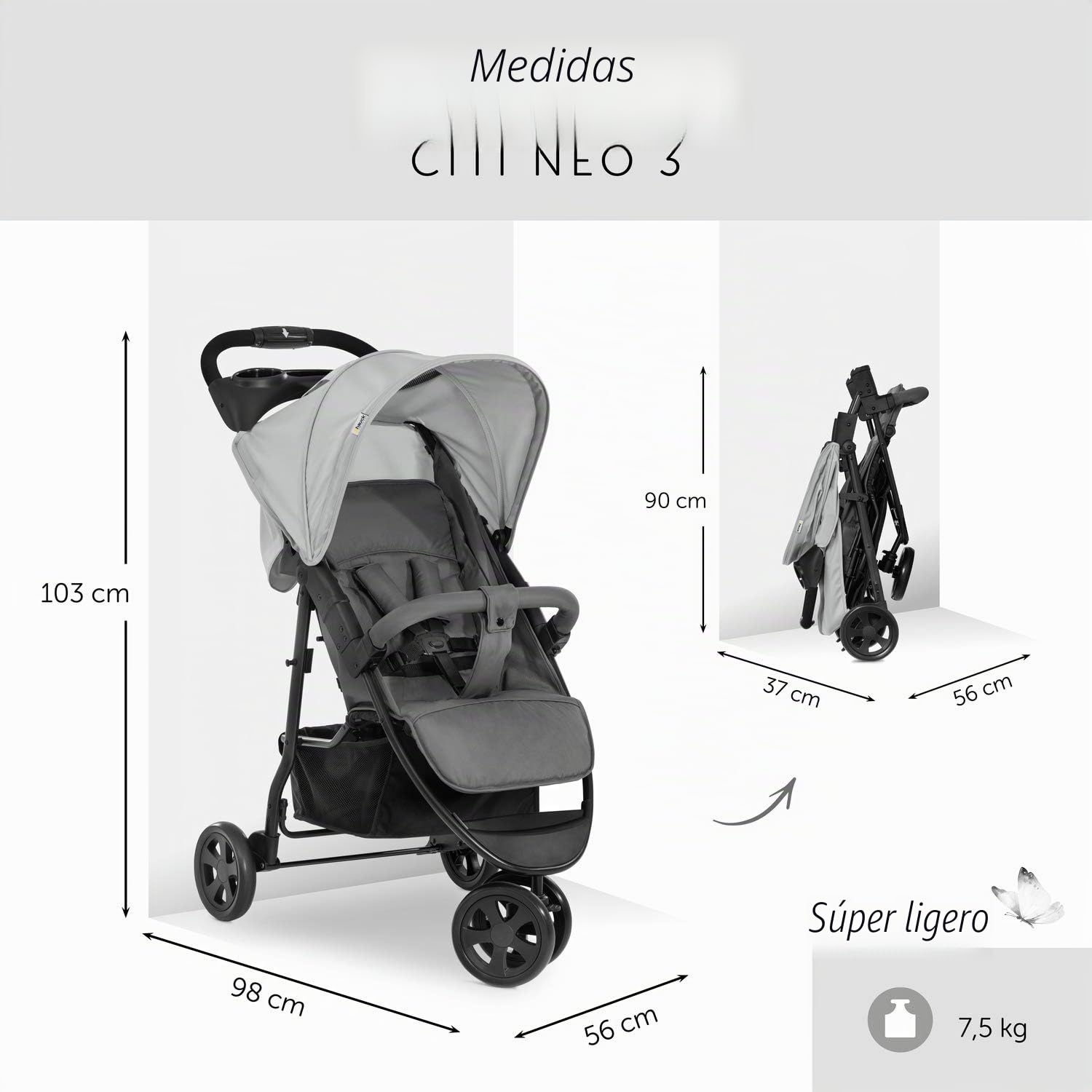 hauck Citi Neo 3 Silla de Paseo Ligera 3 Ruedas hasta 22 Kg con Pack de Accesorios XXL - Carrito Bebé con Volante de Juguete Protector de Lluvia y Mosquitera - 7,5 kg Reclinable y Plegable - Gris