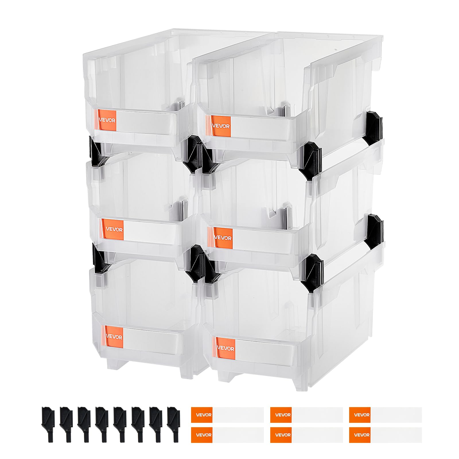 VEVOR Contenitori Impilabili in Plastica, 377 x 215 x 180 mm, 6 Pezzi, Contenitori in Plastica per Organizzare Oggetti in Armadio, Piccole Parti, Forniture per Ufficio, Altri Accessori, Trasparenti