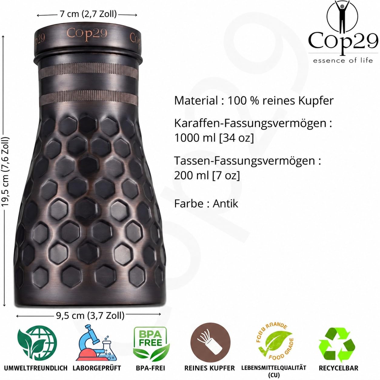 Cop29 Handgemachte Dolny Anitke Wabenmuster Kupfer Schlafzimmer Wasserflasche I Jar mit Deckel I Bettseite Wasser Karaffe (loser Deckel) -1000ml / 34oz