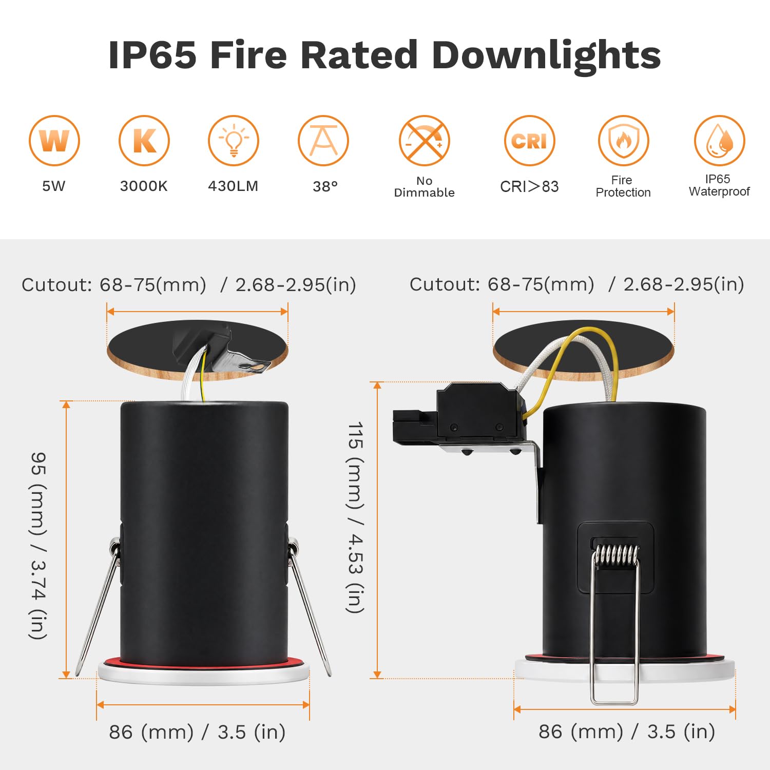 4XSweier Downlights GU10 blancs ignifugés, IP65 étanche 5W Spot blanc chaud 3000k,90 minutes Plafonniers encastrés à LED résistants au feu, Downlights GU10 230V, Découpe 70mm
