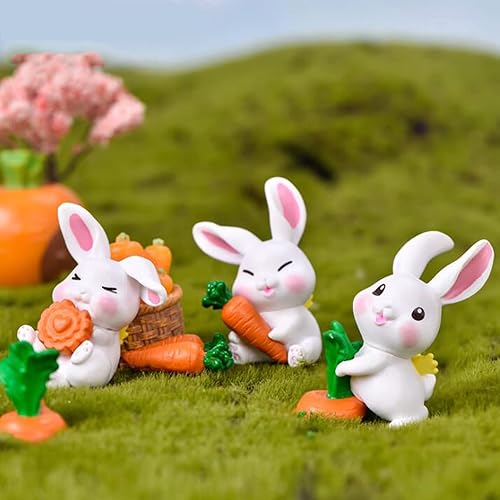 Miniatura 5 de Figuras de conejo en miniatura, 6 piezas de mini conejo con figuras de zanahoria, modelo para decoración de tartas, accesorios de jardín de hadas