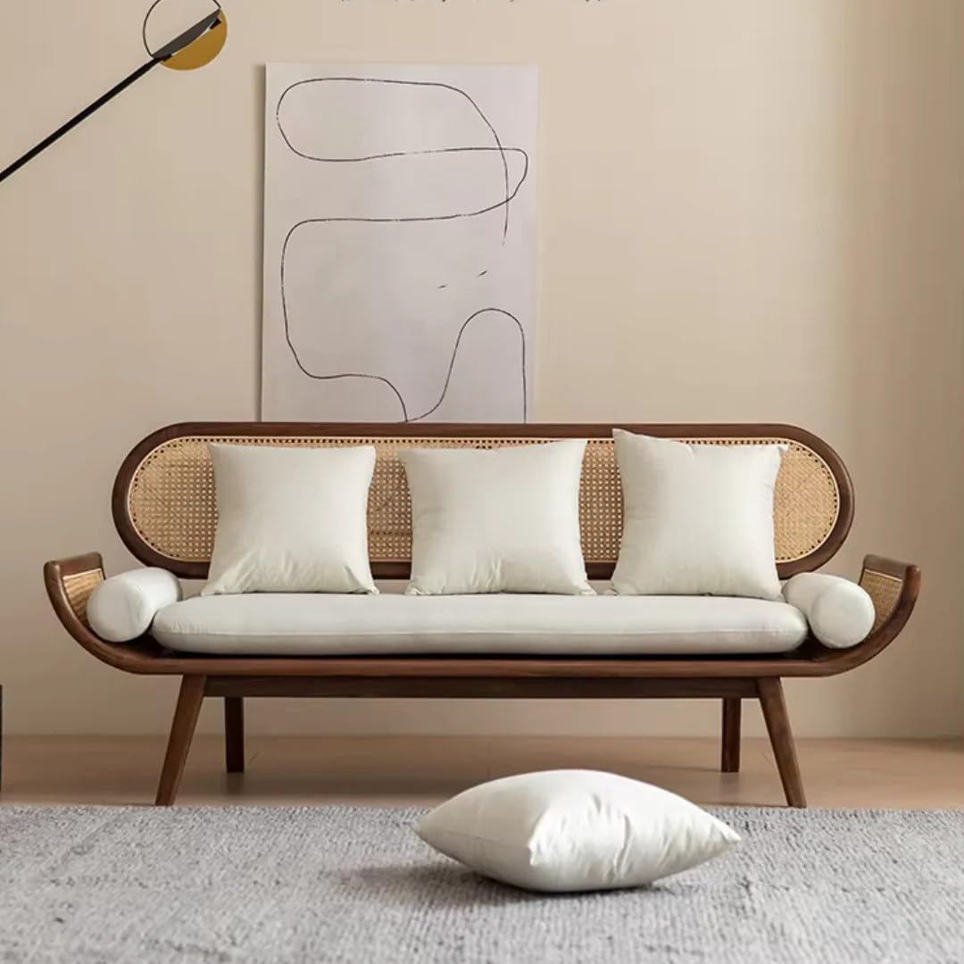 Modern Rattan Cane Sofa with Curved Arms Wooden Frame, Beige Cushions and Throw Pillows Sofa for Living Room, Bedroom, Hallways (3 Seater)-image-18