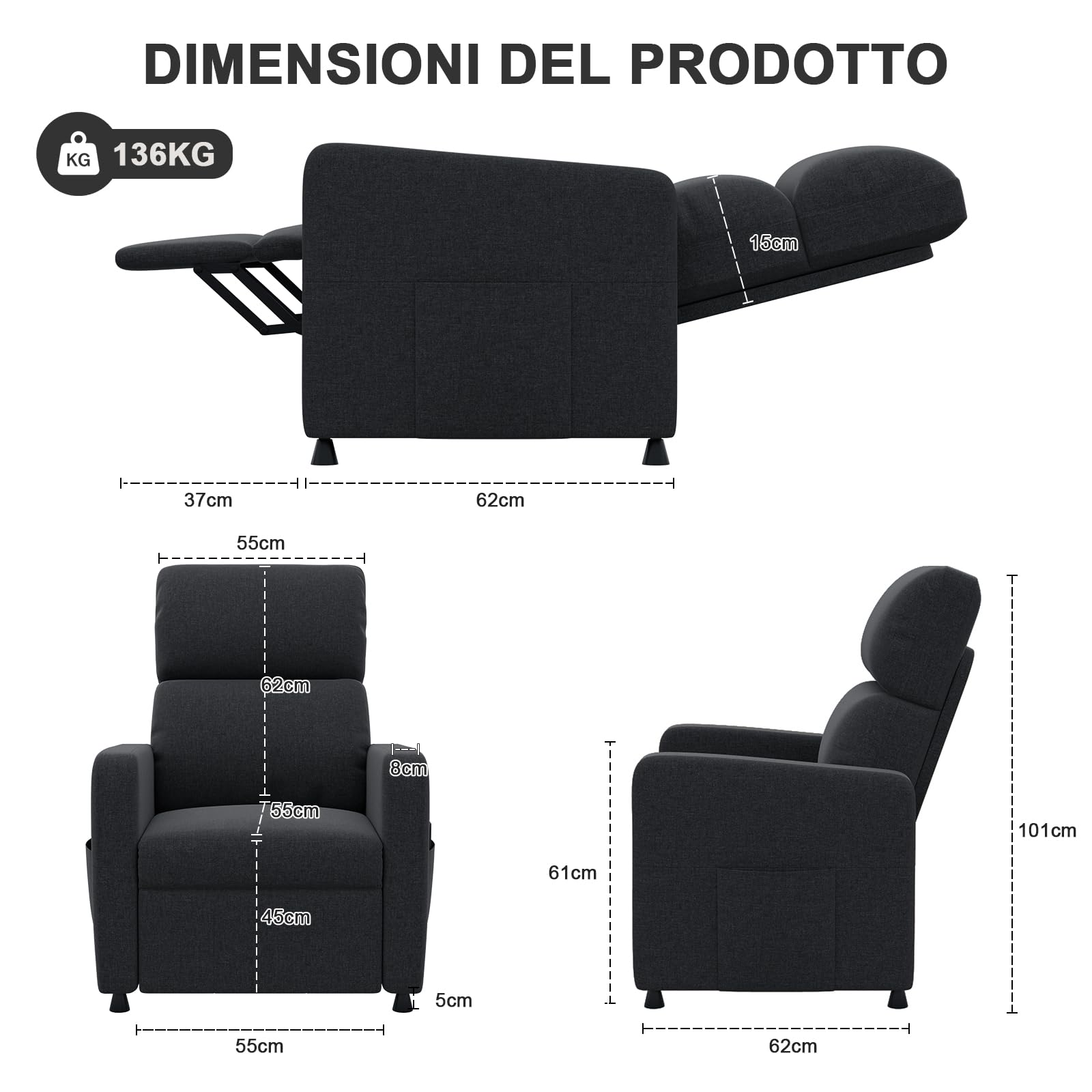 Devoko Poltrona Relax Elettrica, Ergonomica Reclinabile 90°-165°, Poltrona Reclinabile con Schienale e Poggiapiedi Regolabile, Poltrone per Soggiorno/Ufficio, con Tasconi Laterali, Grigio