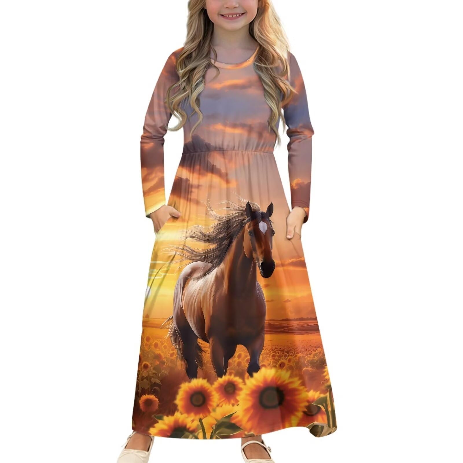 SCRAWLGOD Girls Dresses Size 5-14 Maxi Dresses Kids A Line Party Dress with Pockets Fall Long Sleeve