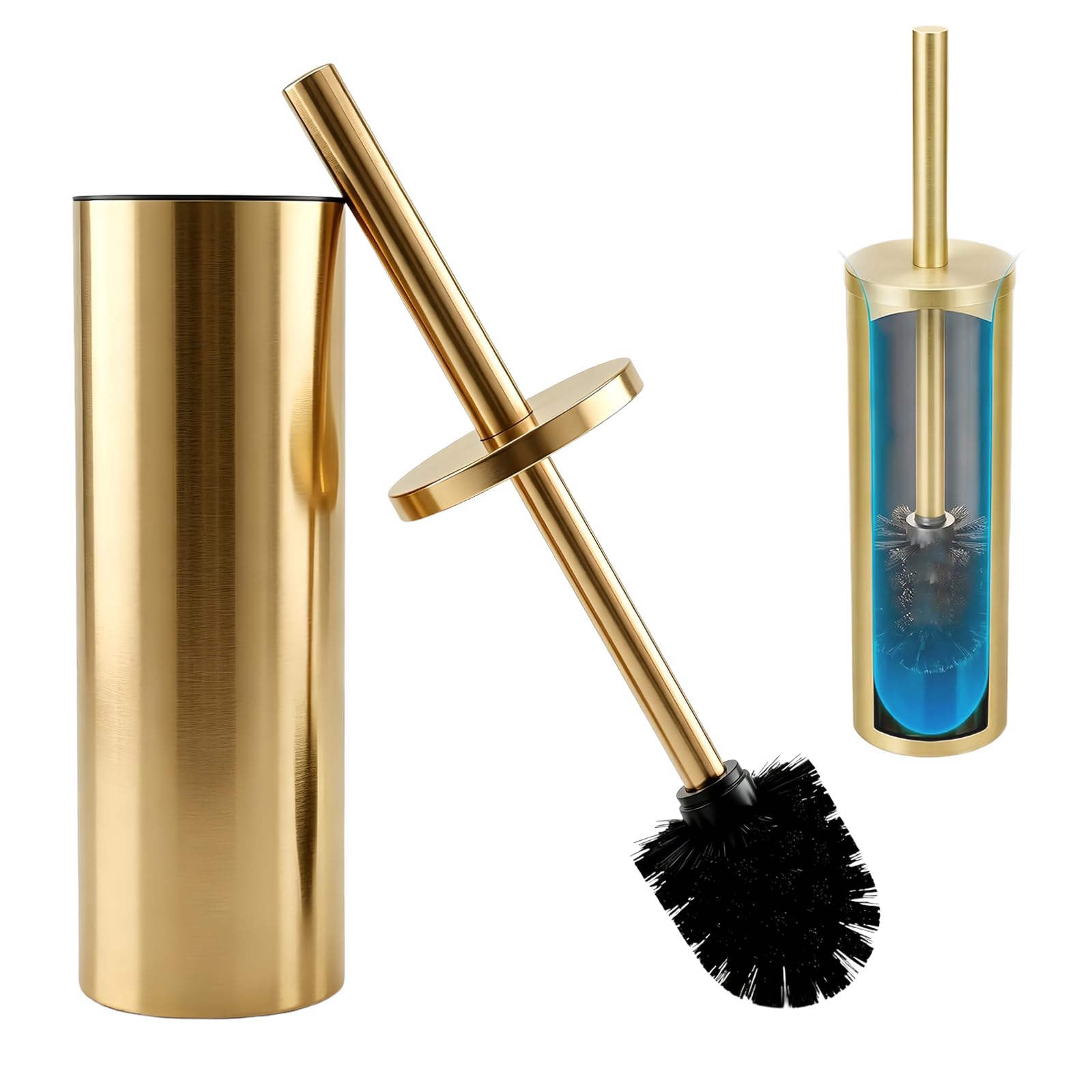 Gold Toilet Bowl Brush Holder Set Toilet Cleaner Bowl Set with Long Handle No Need to Bend Over When Cleaning the Toilet Weighted Stable Base & Splash Guard Cover for Deep