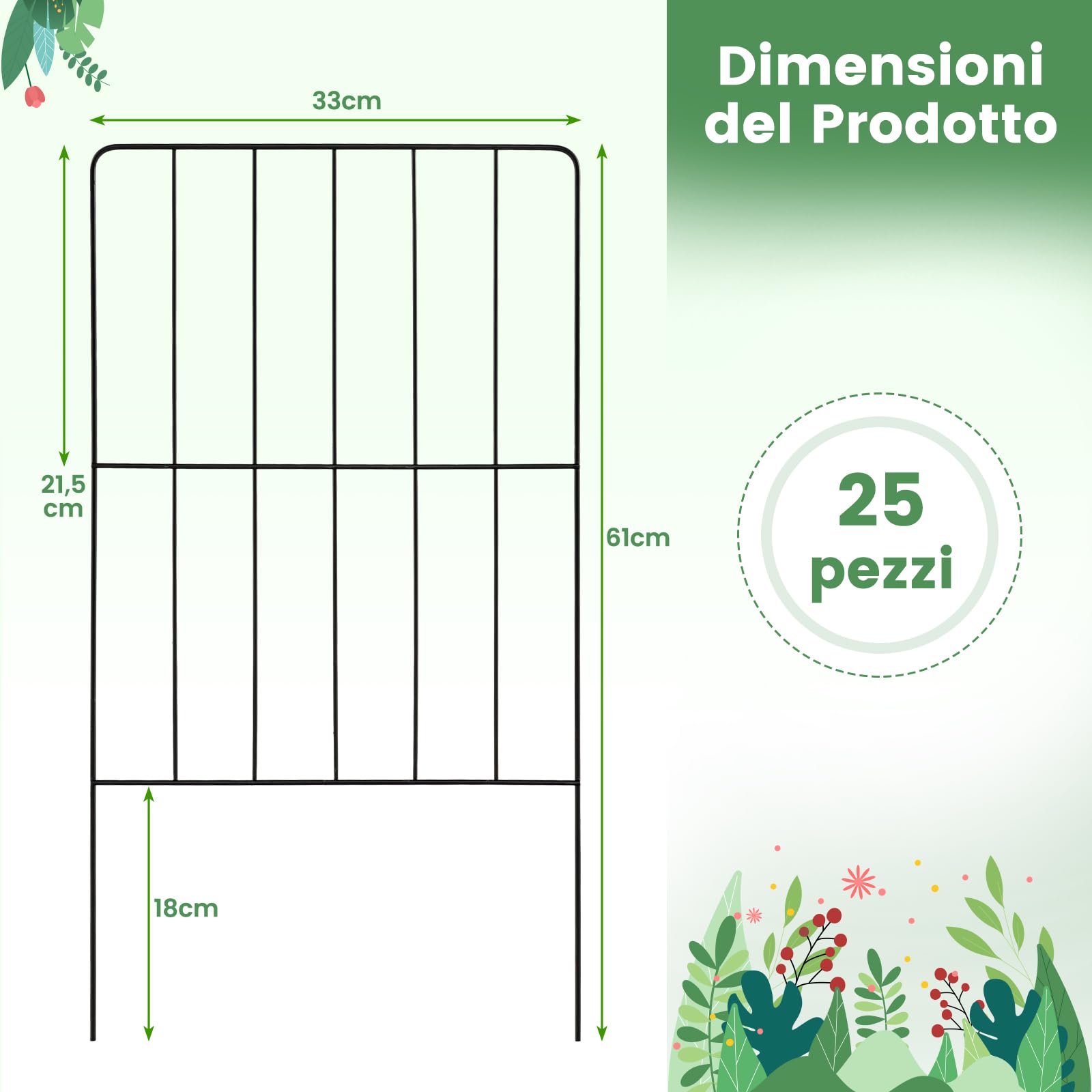 COSTWAY Recinzione da Giardino 33 cm (L) x 61 (A) 25/15 Pannelli, Bordure per Aiuole in Metallo Antiruggine e Robusto, Cancello da Esterno Pieghevole per Giardino, Orto ed Cortile (25)