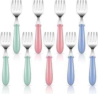 9 Pieces Stainless Steel Toddler Forks, Baby Forks, Kids Forks, for Self Feeding Metal Forks Boys Girls Small Training Forks for Children Cutlery Forks with Round Handle Safe Flatware