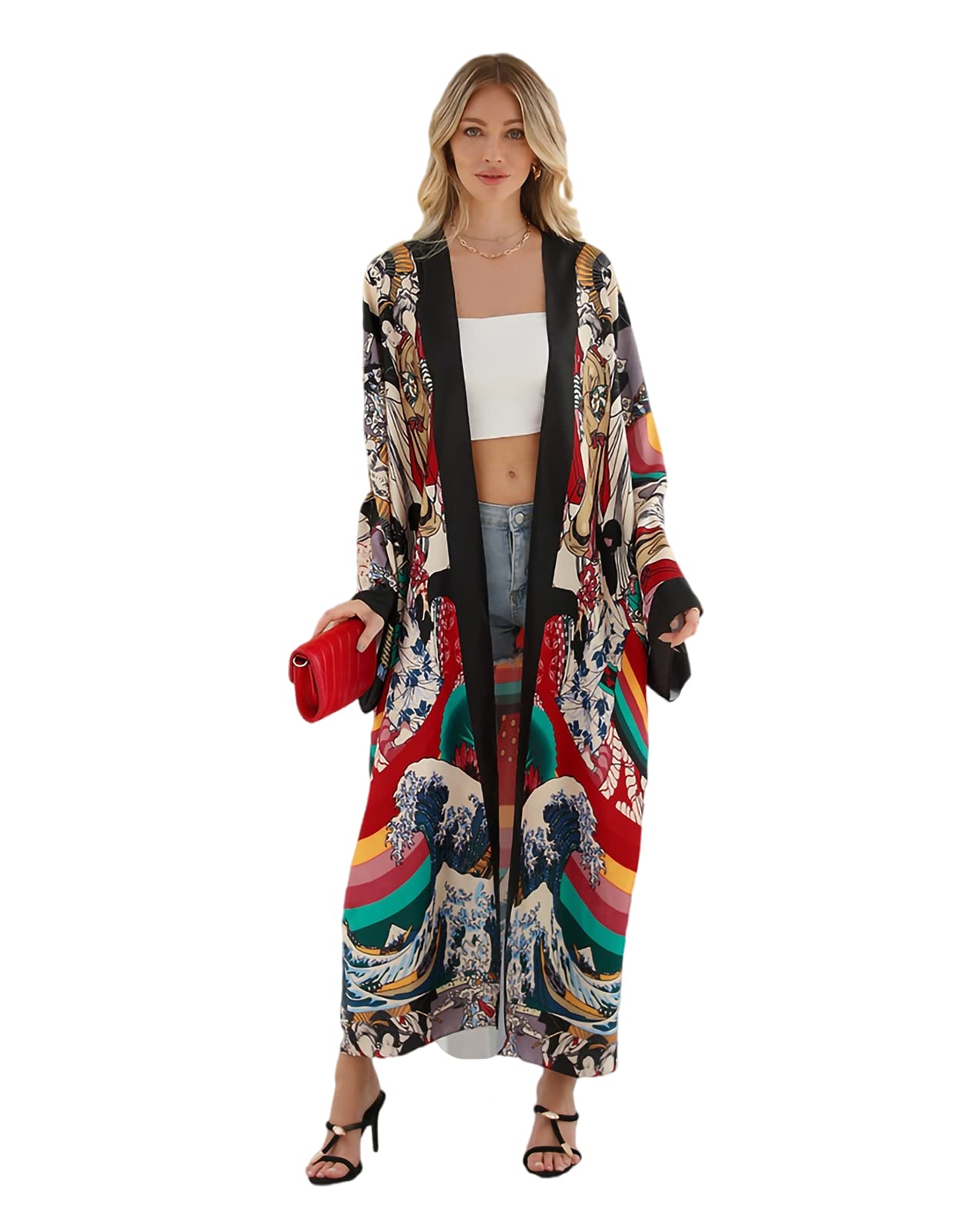 NINZERWomen's Beach Cover up Dragon and Phoenix Floral Leaf Beach Blouse Kimono Cardigan Vacation Robe Bikini Cover Up Blouse Tops