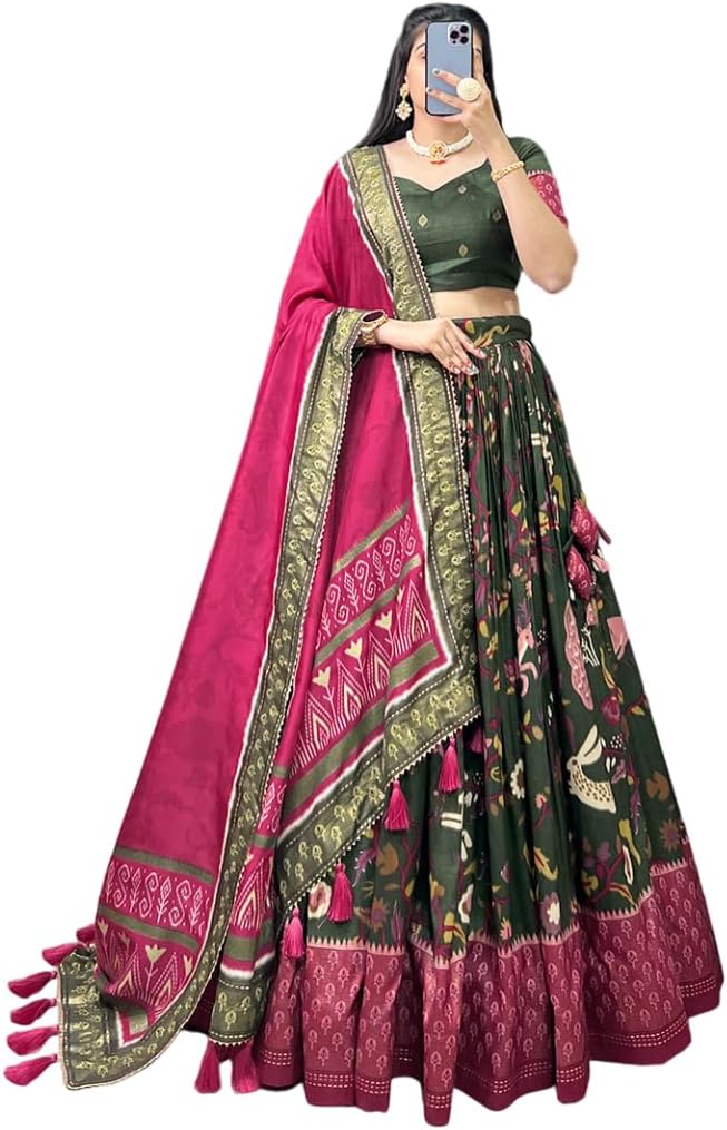 Sarathybiz Woman's perfectly Navratri Collection Tussar Silk Lehenga Choli Patola Print with Foil Work