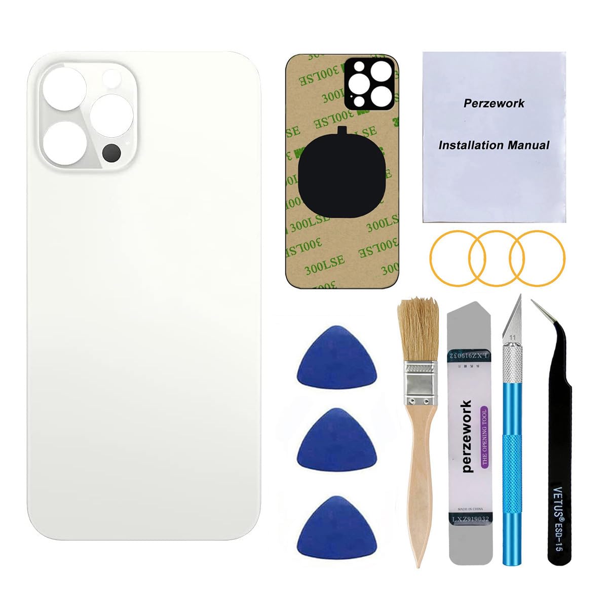 Perzework OEM Back Glass Replacement (Silver) Compatible with iPhone 12 pro max 6.7 inches All Carriers with Pre-Installed Adhesive and Repairing Tool Kits
