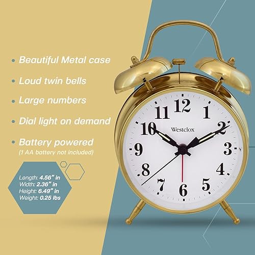 Miniatura 2 de Westclox Big Ben - Reloj despertador dorado con campana gemela, reloj despertador fuerte para personas que duermen con mucha resistencia, reloj