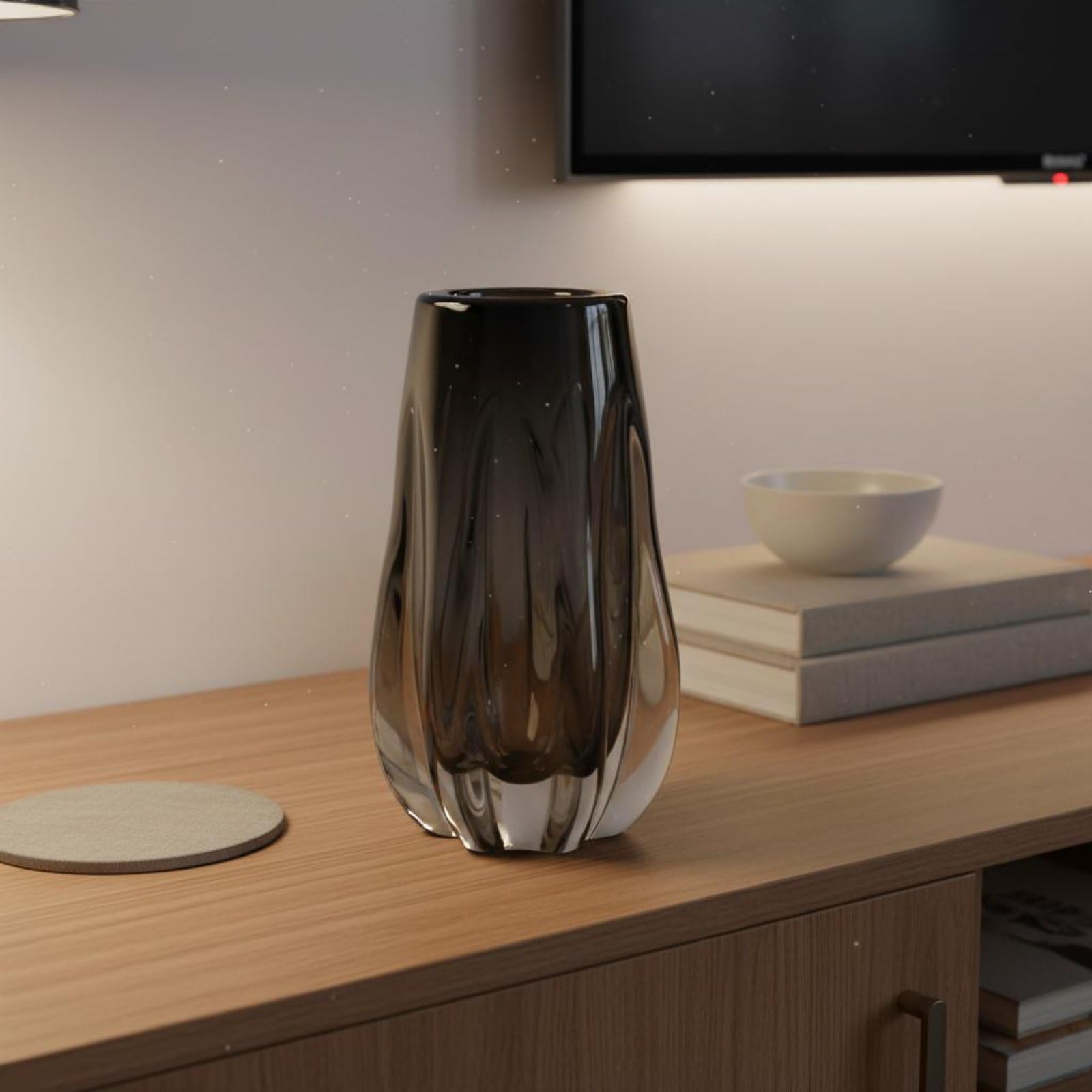 Vaso Decorativo in Vetro Soffiato Vaso Contenitore Centrotavola Superficie Levigata Brillante con Effetto Cattura Moderno Essenziale Adatto per Steli, Grigio, M