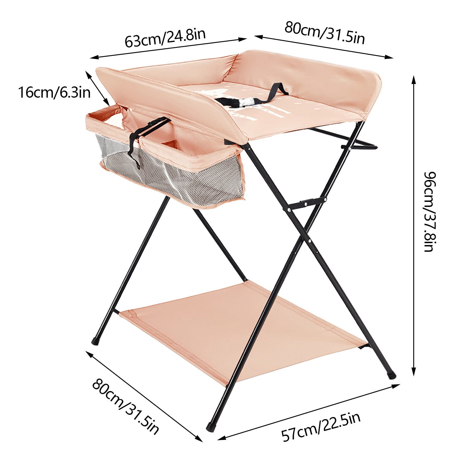 Cambiador plegable para bebé con cambiador, cinturón de seguridad y compartimentos, cambiador con escala de altura para bebés menores de 15 kg o 0-1 años, 63 x 80 cm (caqui)