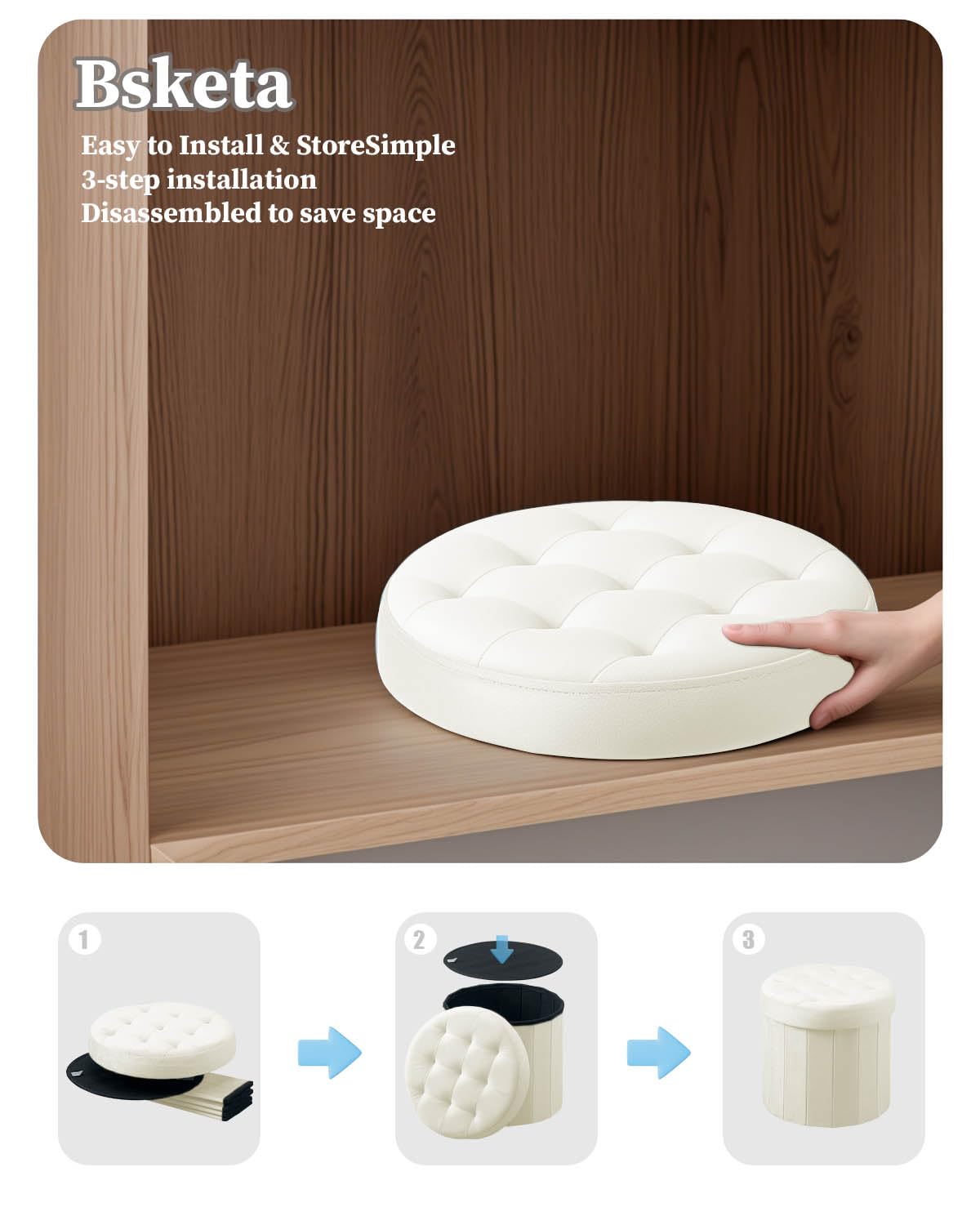 Bsketa Ottomane de rangement pliable rond de 38,1 cm, repose-pieds avec siège rembourré en mousse épaisse, petit banc de rangement en velours, repose-pieds pour salon, table basse pliable, beige