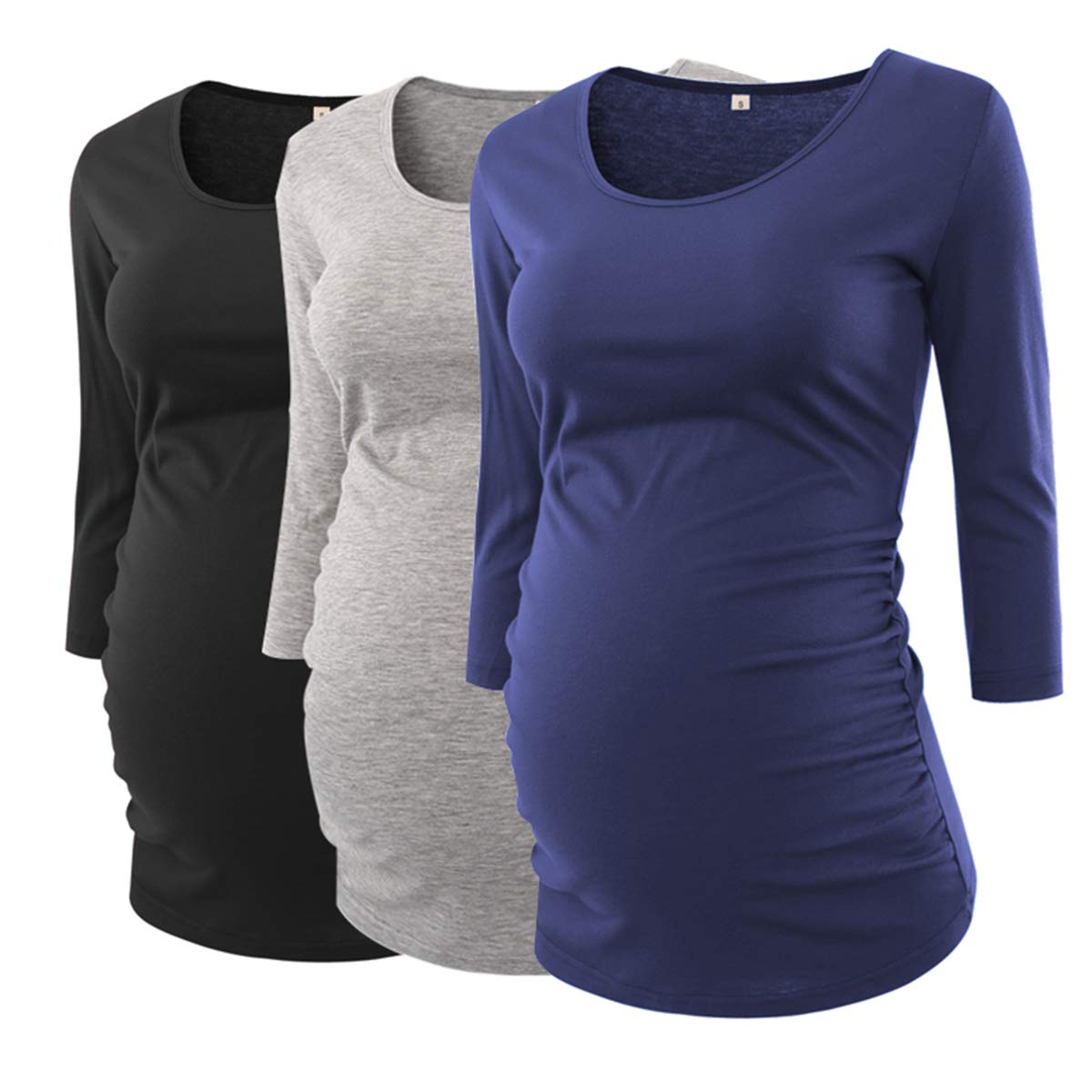 BBHoping Women's Maternity Tops 3/4 Sleeve Round Neck Classic Side Ruched Pregnancy T-Shirt