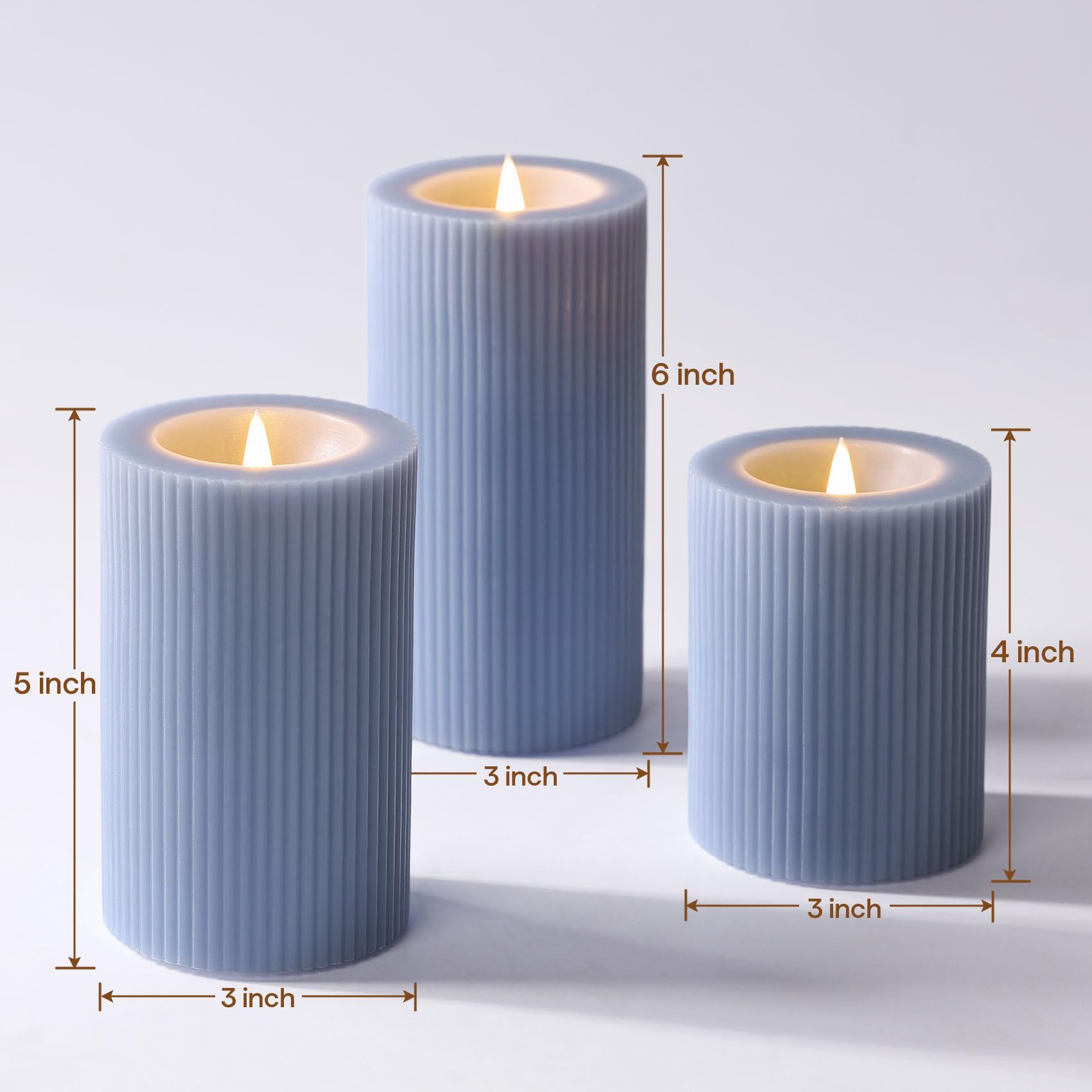 Candele a pilastro senza fiamma a coste blu polveroso con telecomando, fiamma tremolante in movimento, candele a LED di cera a batteria, decorazione per la casa, set di 2