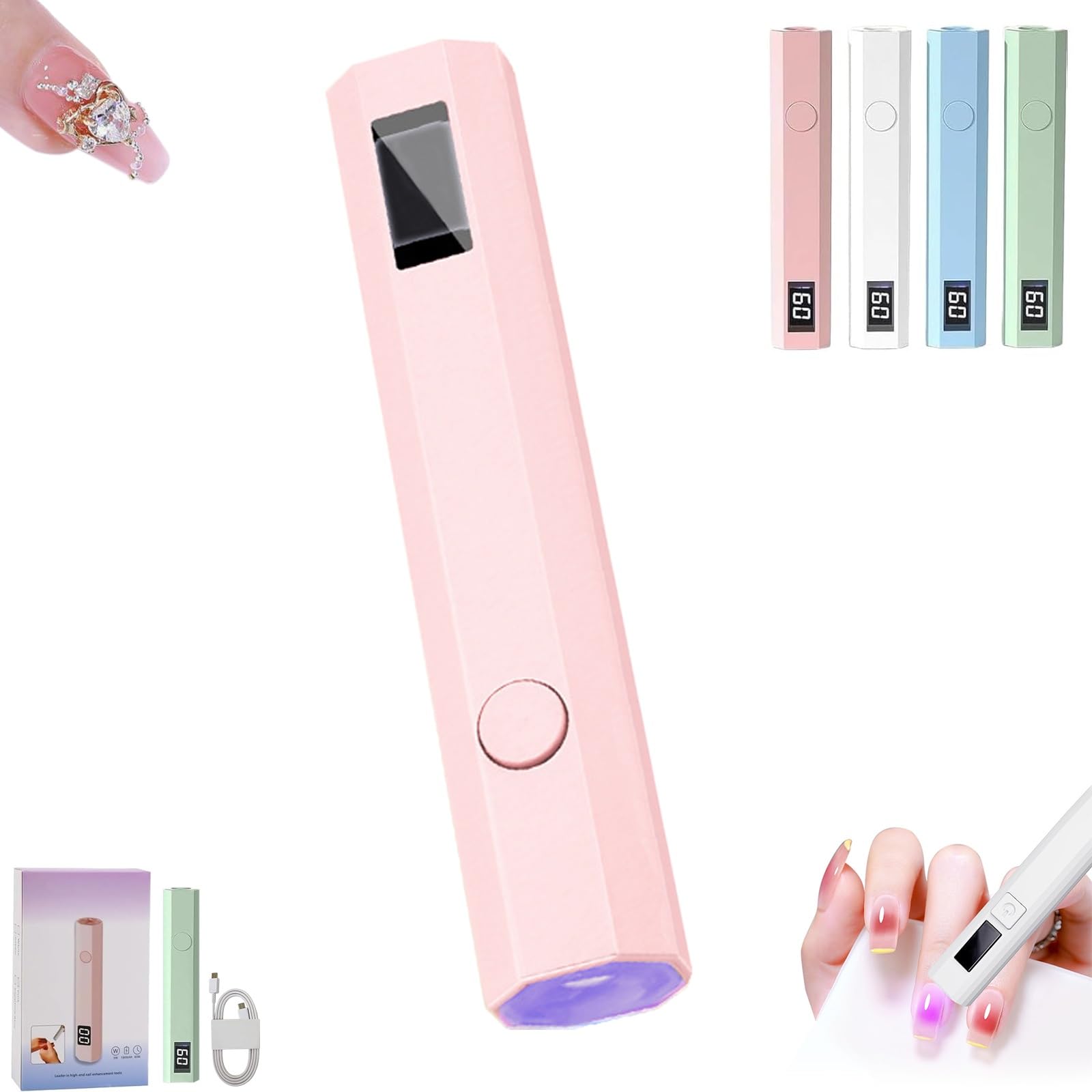 Zdouxuan Pink Glonailstickers Finger Nails Uv Light, Glonail Stickers Kit With Uv Light, Glonail Stickers Kit With Uv Light, Handheld Uv Light For Gel Nails, Cordless Uv Led Nail Lamp, 400Mah Rechargeable(Pink)