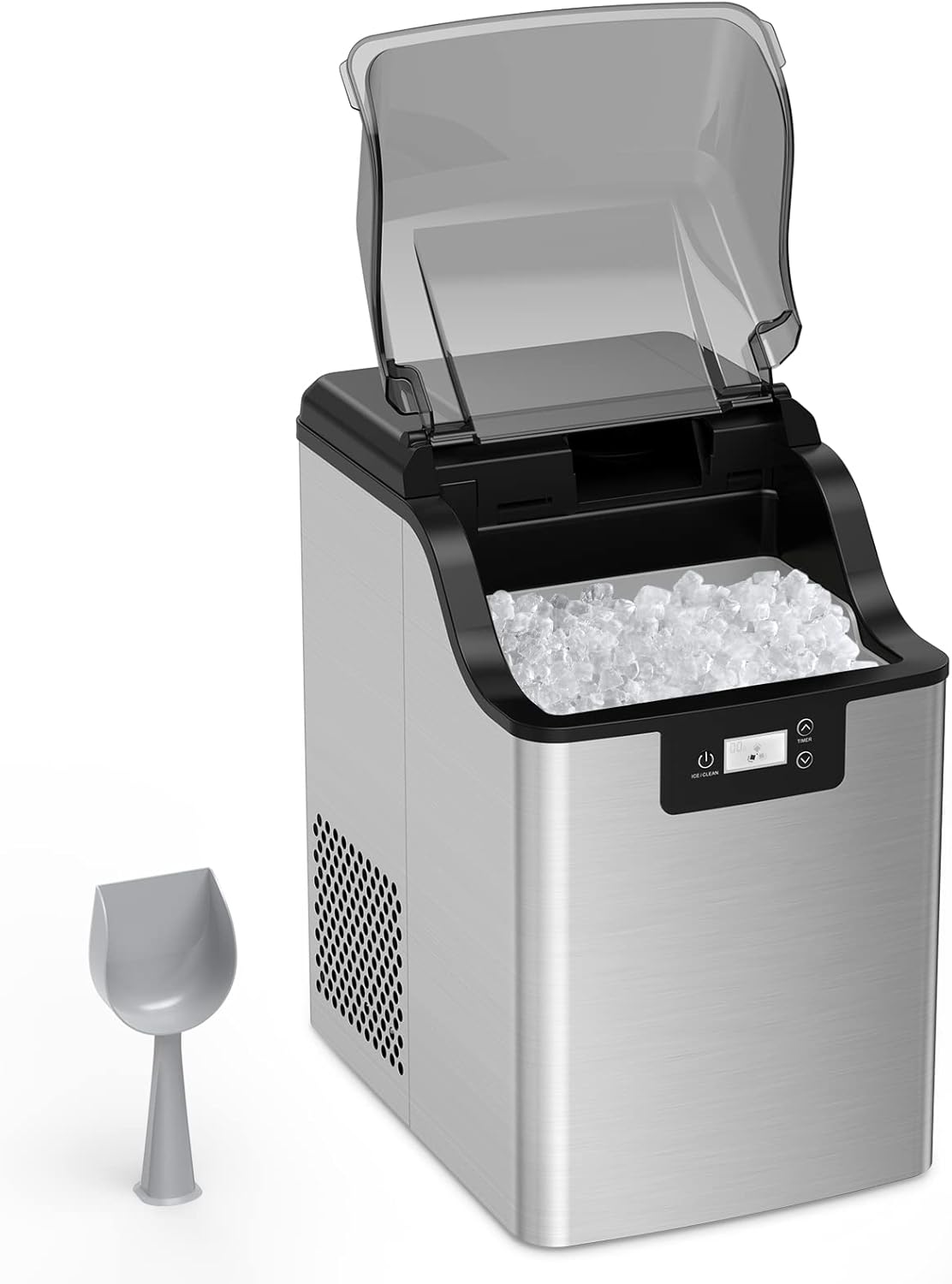 Nugget Ice Maker,Stainless Steel Countertop Pebble Ice Maker, 44LBs/24H, Self-Cleaning & Timer Function, Portable Sonic Ice Maker with Ice Basket & Scoop for Home, Bar