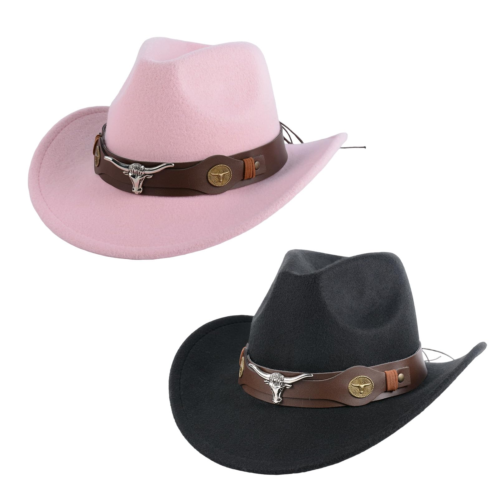 CZCMYAU Western Cowboy Hat for Men and Women Pack of 2 Wide Brim Felt Soft Panama Fedora Hat with Removable Belt Buckle Cowboy & Cowgirl Hats Set for Adult Costume Party(1 x Pink + 1 x Black)