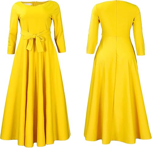 Miniatura 3 de SEMATOMALA Vestido largo acampanado para mujer, con lazo en la cintura, cuello redondo, manga 34, cintura alta, talla grande, acampanado