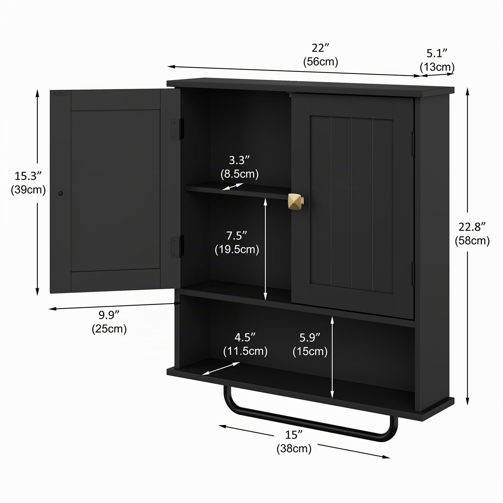 RRX Armoires murales de salle de bain avec barre de serviettes, armoire de rangement, rangement au-dessus des toilettes avec 2 portes et étagère réglable, armoire murale pour salle de bain, buanderie