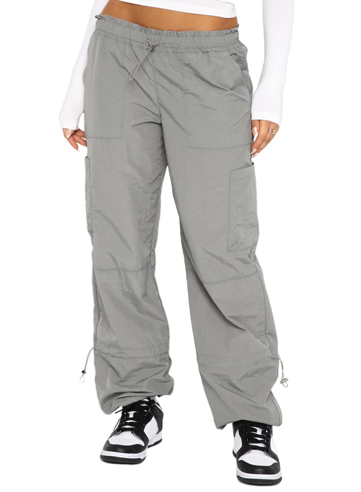 EVALESSCargo Pants Women Baggy High Waisted Wide Leg Parachute Pants Drawstring Elastic Jogger Pants with Pockets