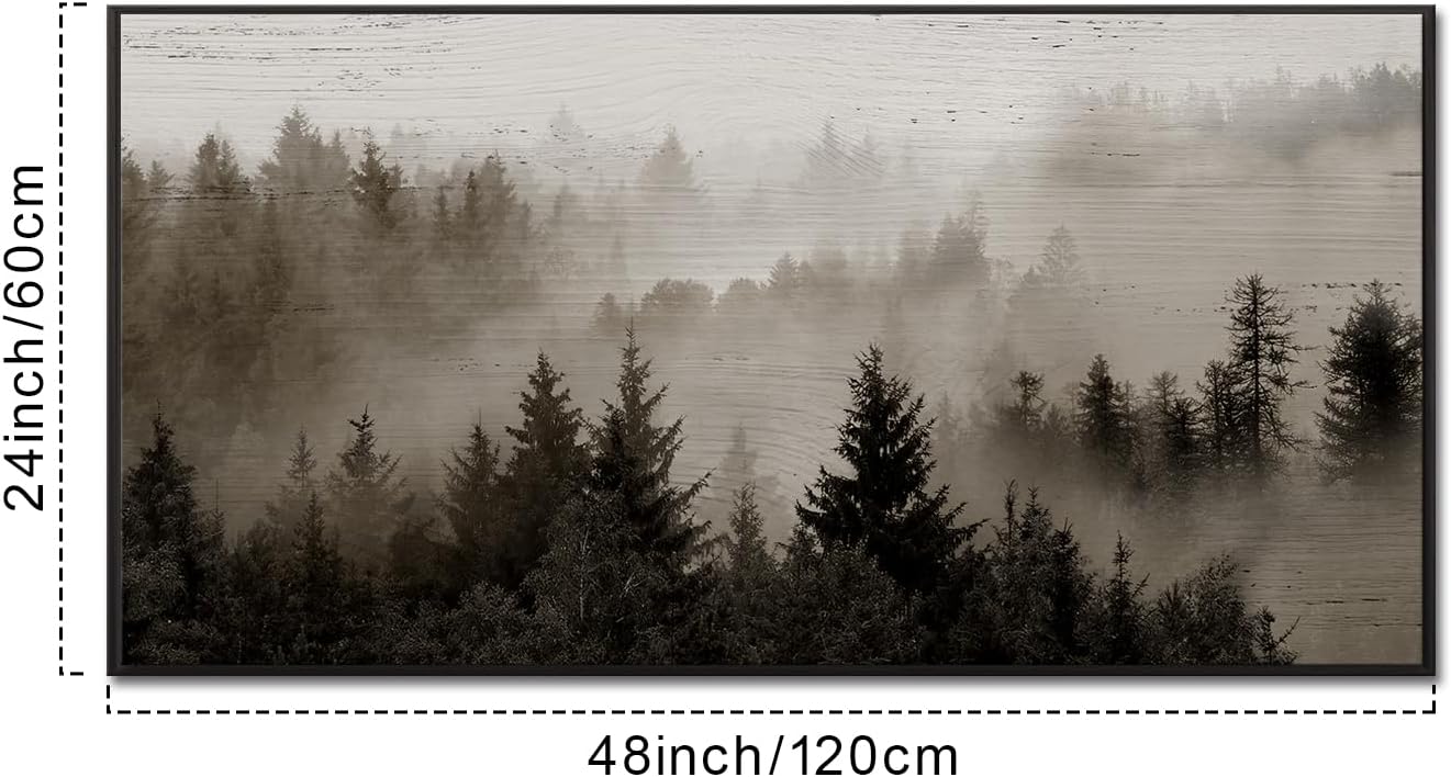 KREATIVE ARTS Large Framed Forest Canvas Wall Art – 24x48'' Foggy Mountain Landscape Print with Black Floater Frame, Nature-Inspired Decor for Living Room, Bedroom, or Office