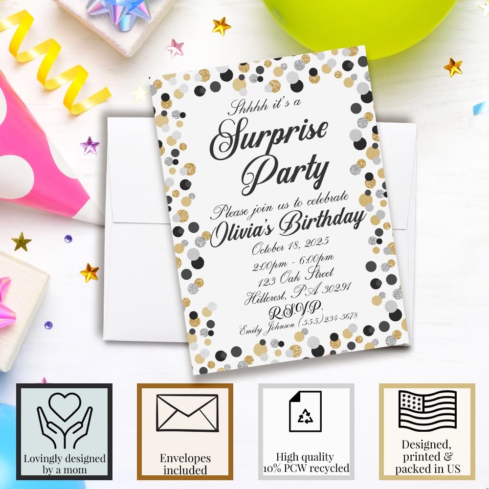 Custom Birthday Invitations Gold & Black Surprise Birthday Invites for Kids Pack of 20 5x7 Custom Black, Gold & Silver Confetti Invitation Cards With Twenty Envelopes - Unique Polka Dot Party Invites