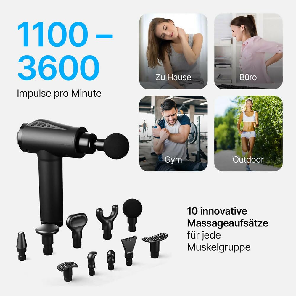 Massagepistole mit 30 Geschwindigkeiten/Massage Gun für tiefe Muskelmassage mit bis zu 3600 Impulsen/min / 10 Aufsätze für Nacken, Rücken & Körper/Mit LCD-Touchscreen
