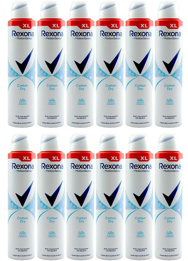 12x Rexona MotionSense Deo Spray Cotton Dry Anti Transpirant mit 48 Stunden Schutz gegen Körpergeruch und Achselnässe, 0% Alkohol XL 200ml (12er Pack)