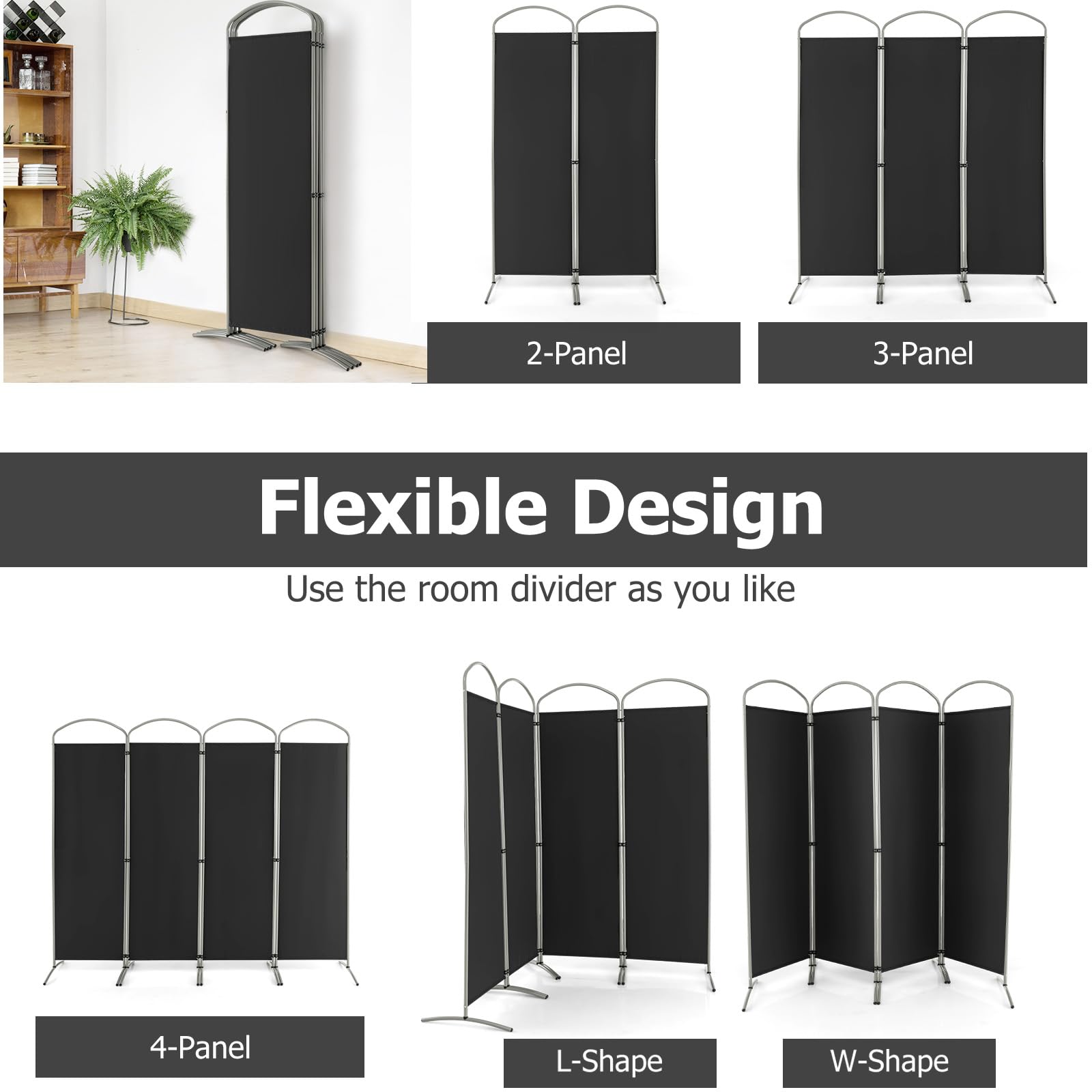LIFEZEAL Biombo Divisor Plegable, Separador de 4 Paneles 188cm, Pantalla móvil, Pared divisoria, Marco metálico, Base Estable, Protege la intimidad para Interior y Exterior, Negro