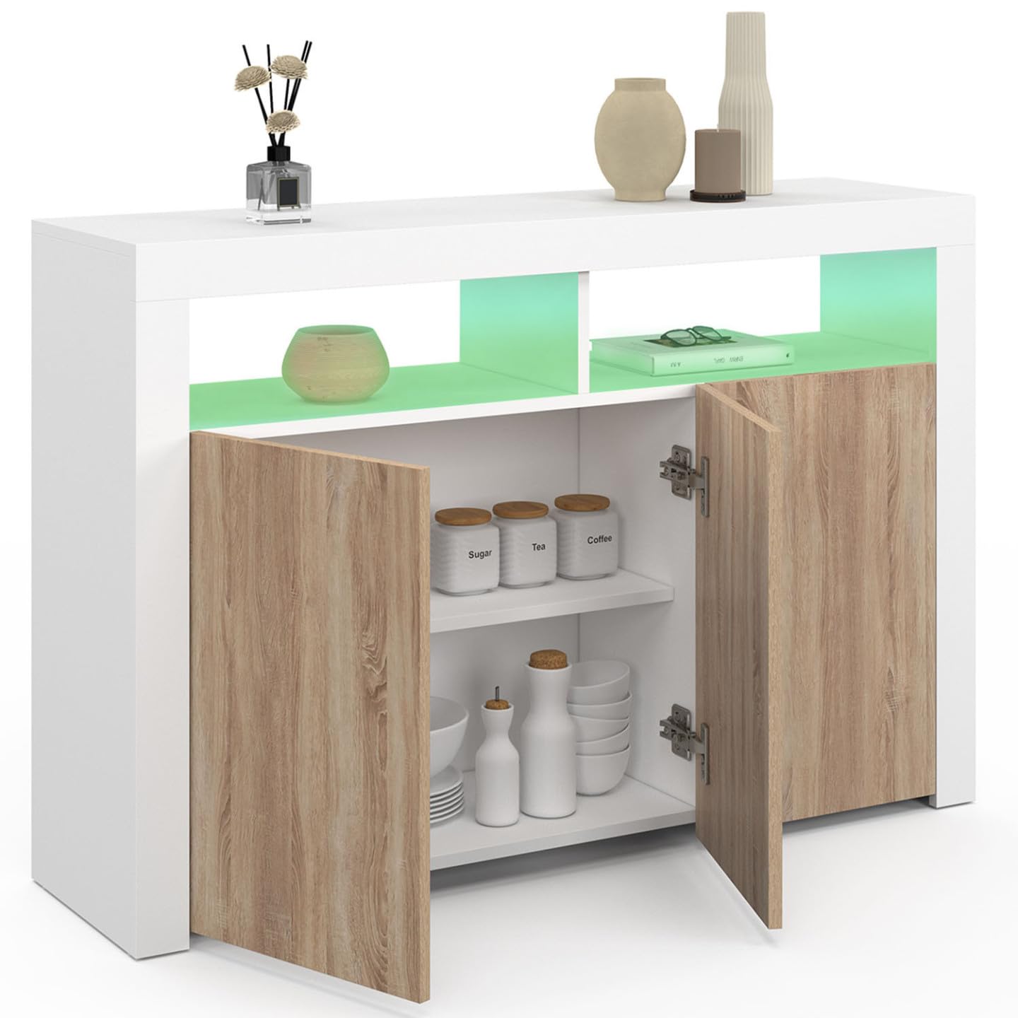 IDMarket ELIGHT - Aparador de 110 cm, 3 puertas con LED y nichos blanco y madera de haya